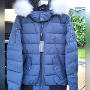 Moose Knuckles Blue Bomber Jacket with White Fur Trim